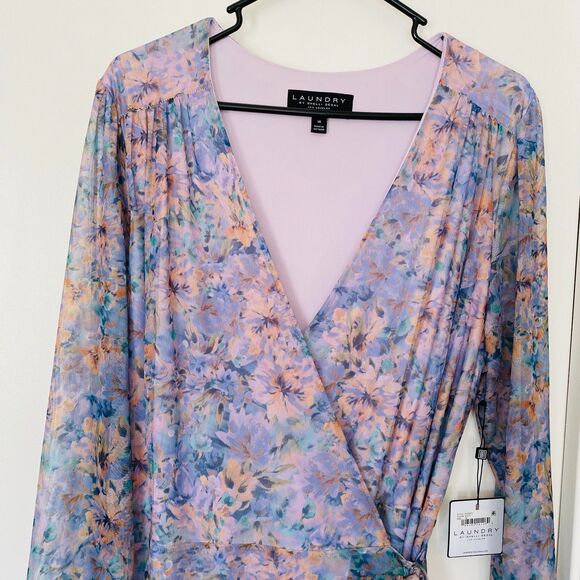 NWT LAUNDRY by SHELLI SEGAL Multi Color Floral Romantic Mesh Wrap Dress Size 16 - Picture 3 of 11